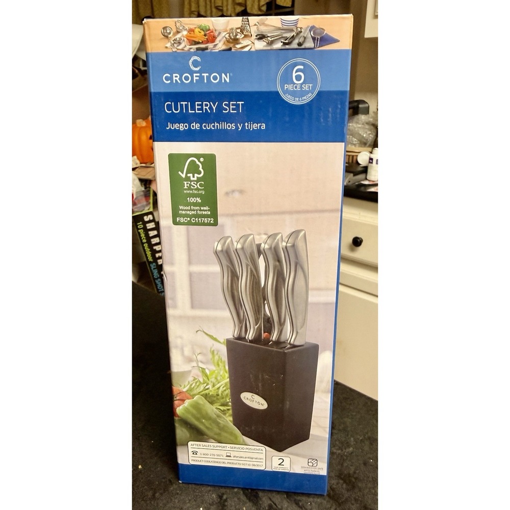 NEW Crofton 6 Pc High Carbon Steel Knife Cutlery Set Wood Block Shears